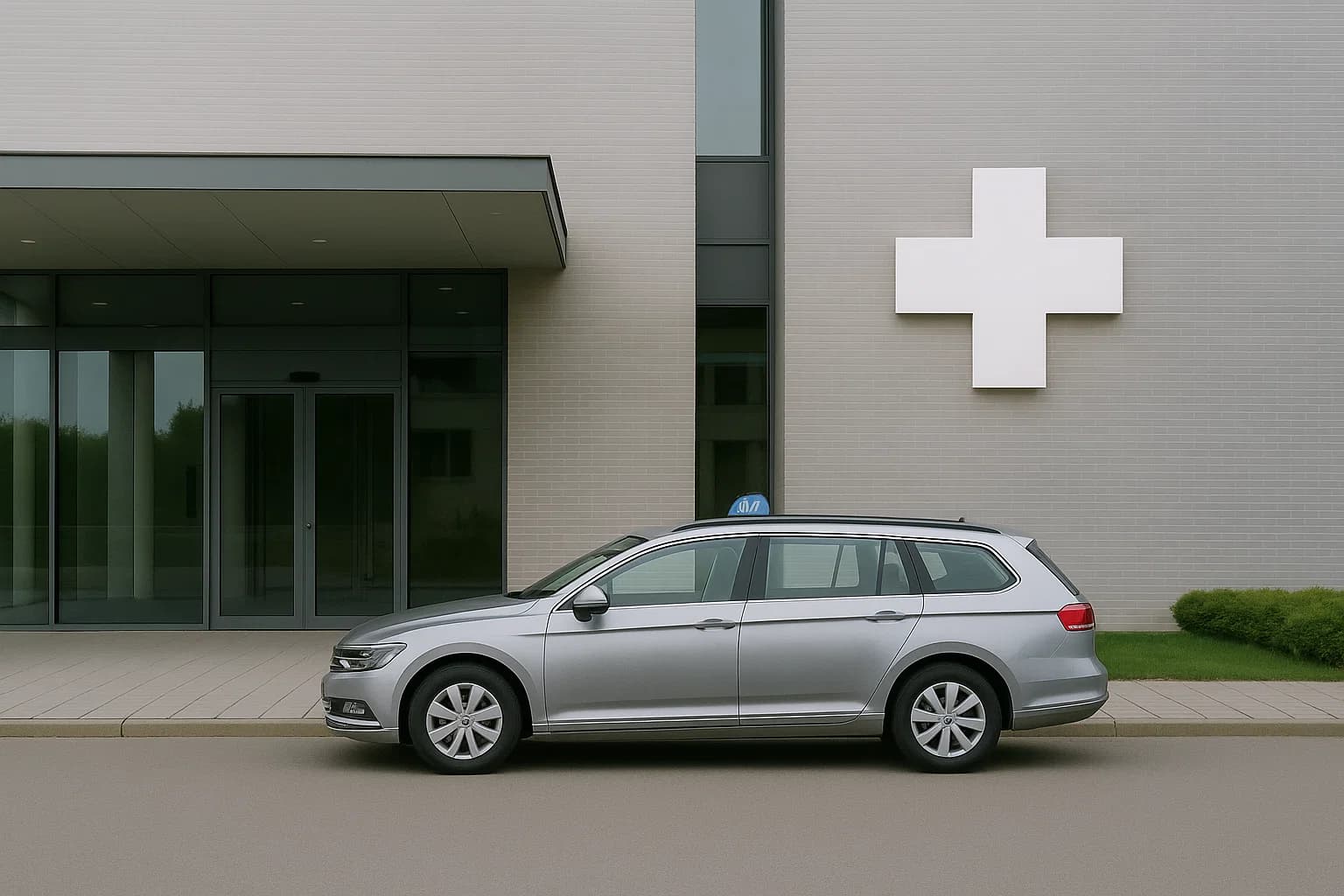 Taxi voor de ingang van een ziekenhuis met groot medisch kruis, taxivervoer via basisverzekering of aanvullende verzekering.