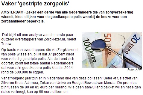 ZorgKiezer.nl op Telegraaf.nl,   gestripte zorgverzekering 2014